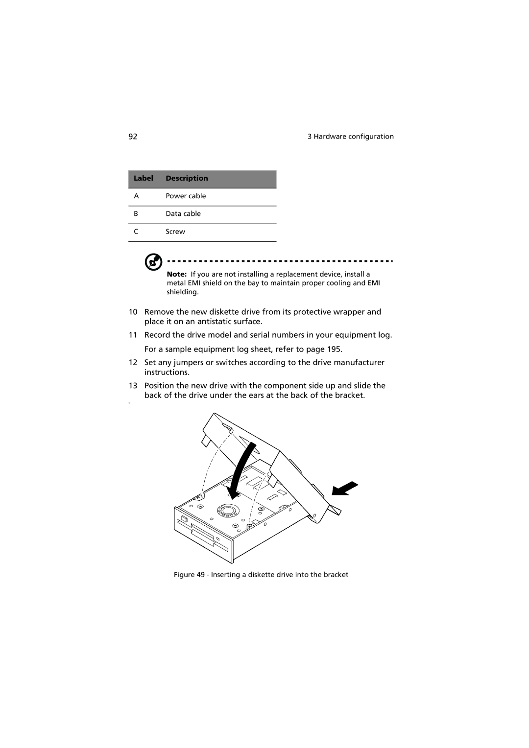 Acer G901 manual Inserting a diskette drive into the bracket 