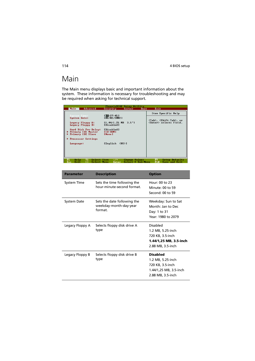 Acer G901 manual Main, Parameter Description Option, 44/1,25 MB, 3.5-inch, Disabled 