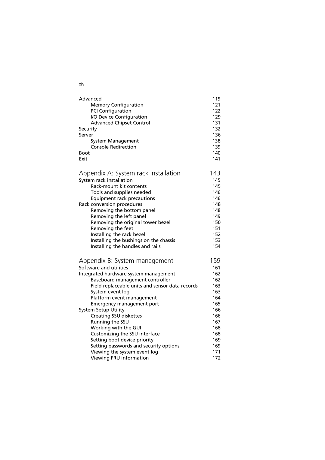 Acer G901 manual Appendix a System rack installation 143, Appendix B System management 159 