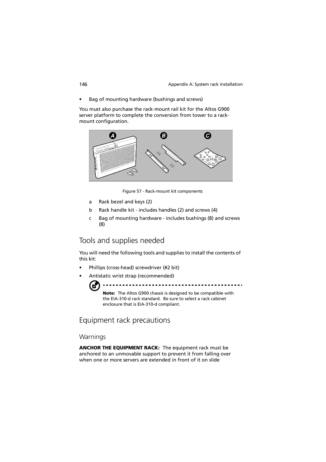 Acer G901 manual Tools and supplies needed, Rack-mount kit components 