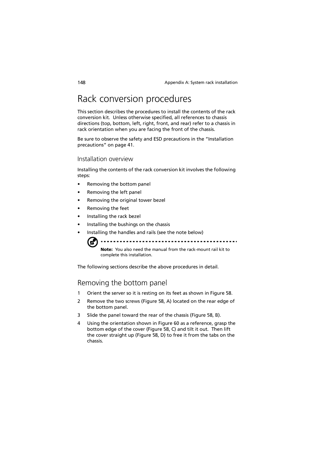 Acer G901 manual Rack conversion procedures, Removing the bottom panel, Installation overview 