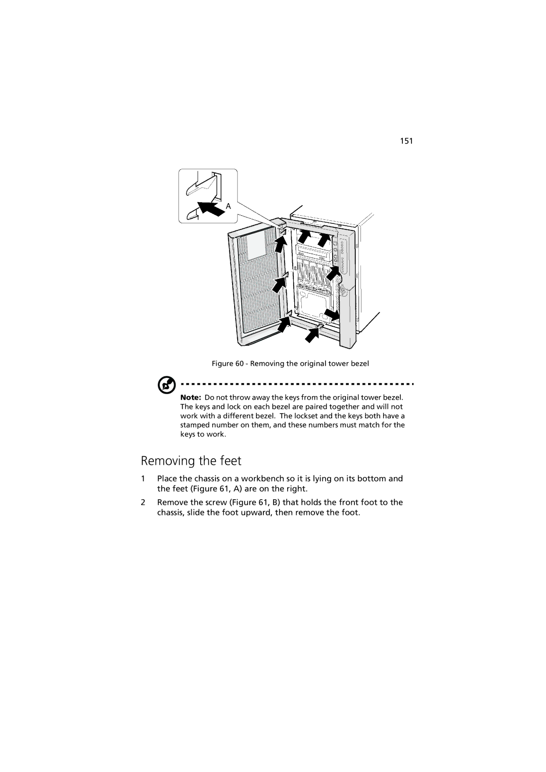 Acer G901 manual Removing the feet, Removing the original tower bezel 