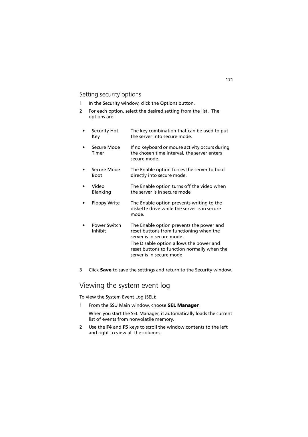 Acer G901 manual Viewing the system event log, Setting security options 