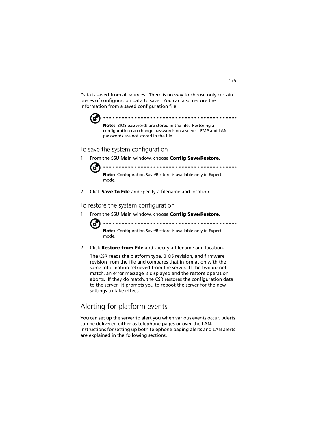 Acer G901 manual Alerting for platform events, To save the system configuration, To restore the system configuration 