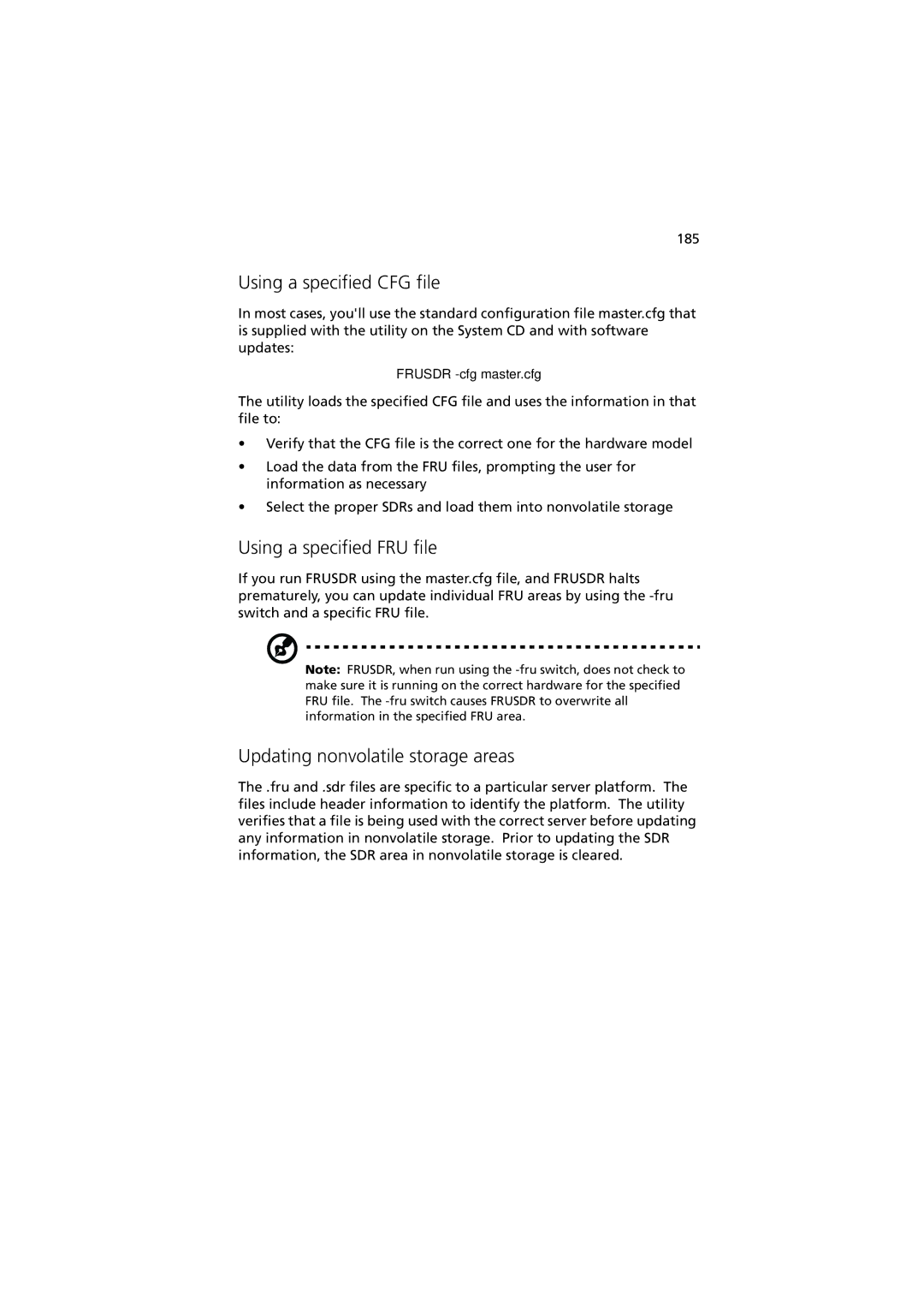 Acer G901 manual Using a specified CFG file, Using a specified FRU file, Updating nonvolatile storage areas, 185 