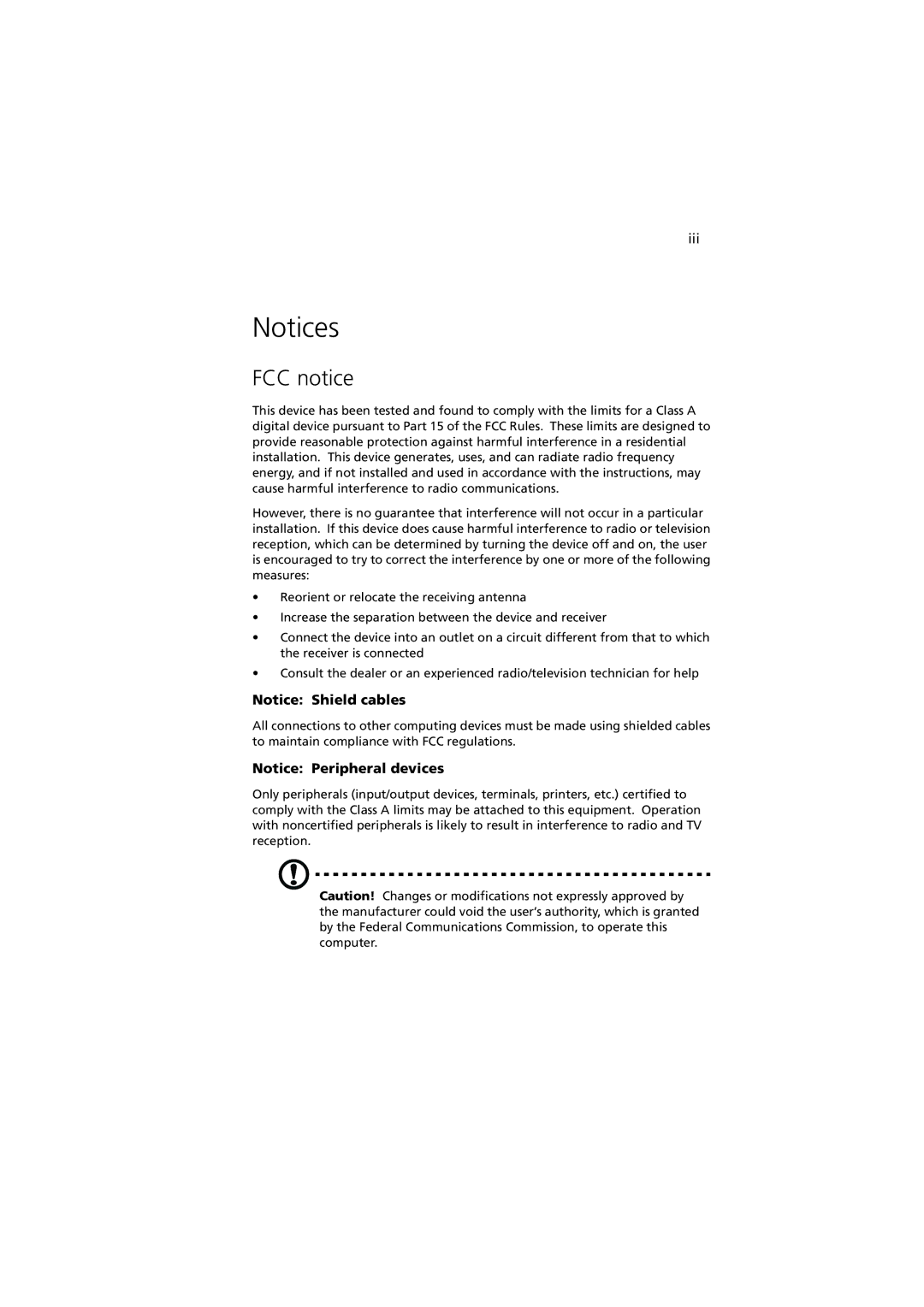 Acer G901 manual FCC notice, Iii 