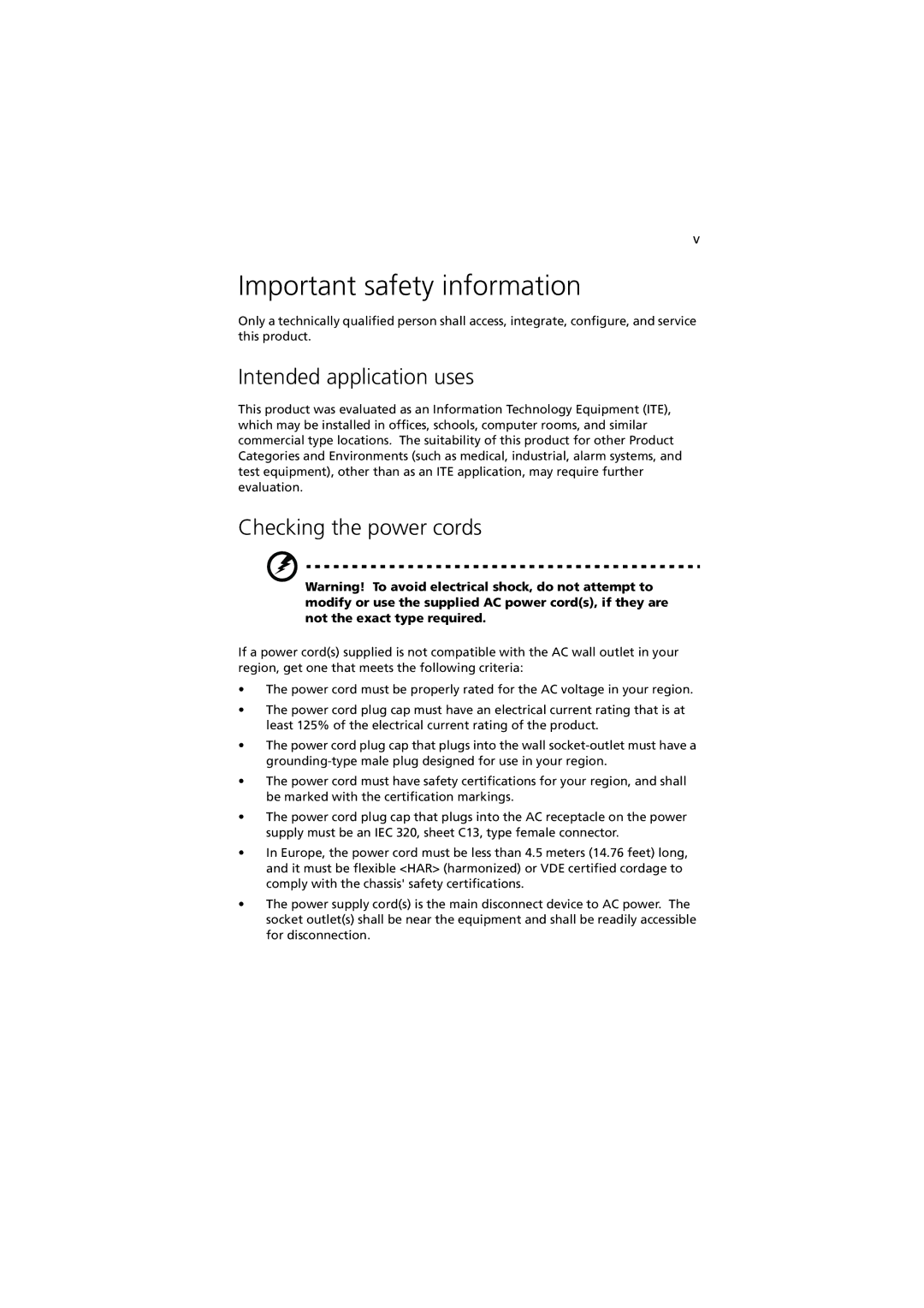 Acer G901 manual Important safety information, Intended application uses, Checking the power cords 