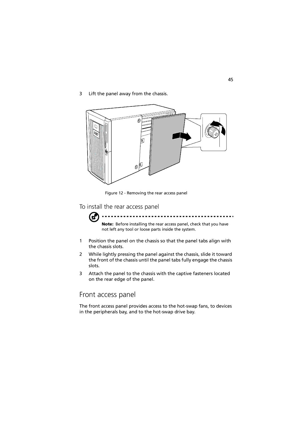 Acer G901 manual Front access panel, To install the rear access panel, Lift the panel away from the chassis 