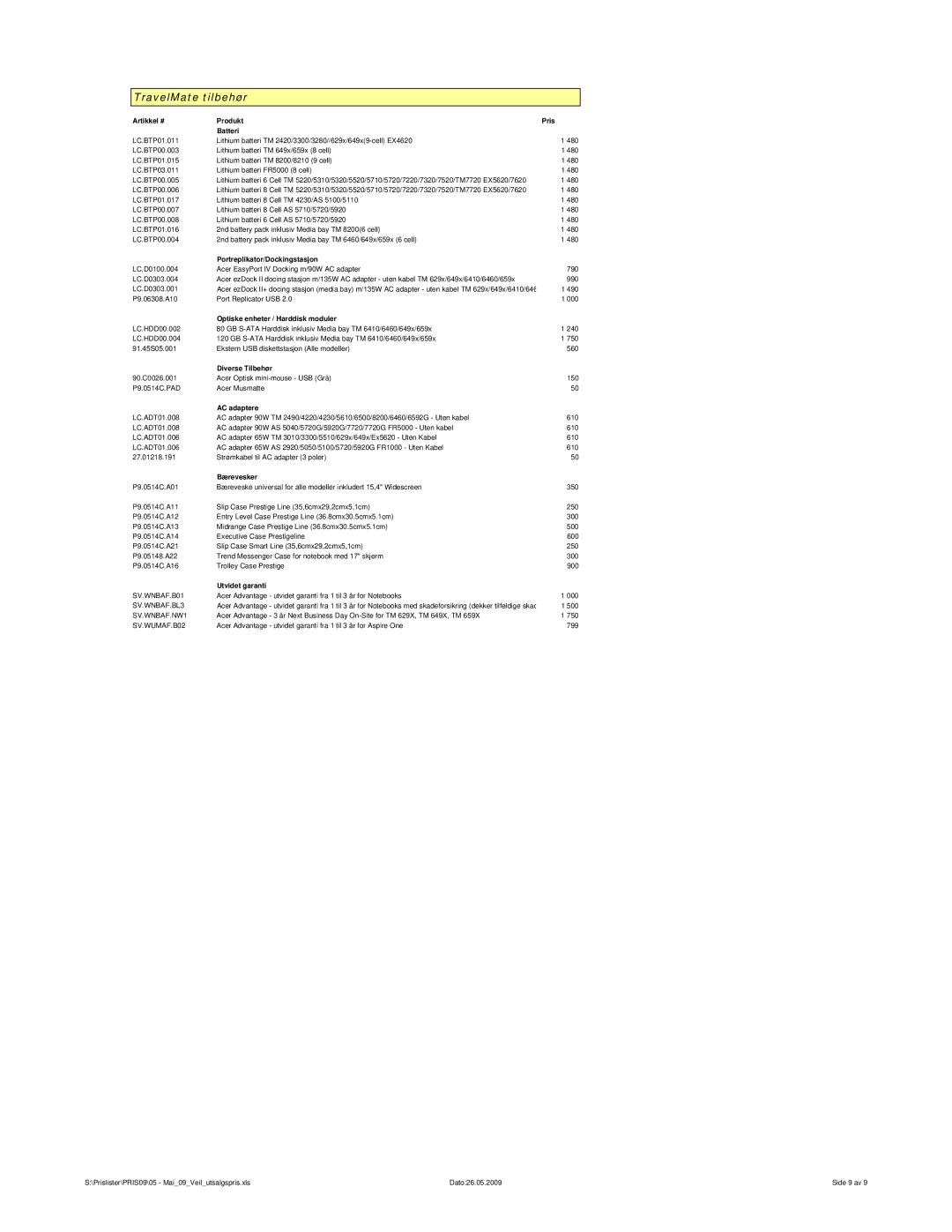 Acer GmbH manual TravelMate tilbehør, SV.WNBAF.B01, SV.WNBAF.BL3, SV.WNBAF.NW1, SV.WUMAF.B02 