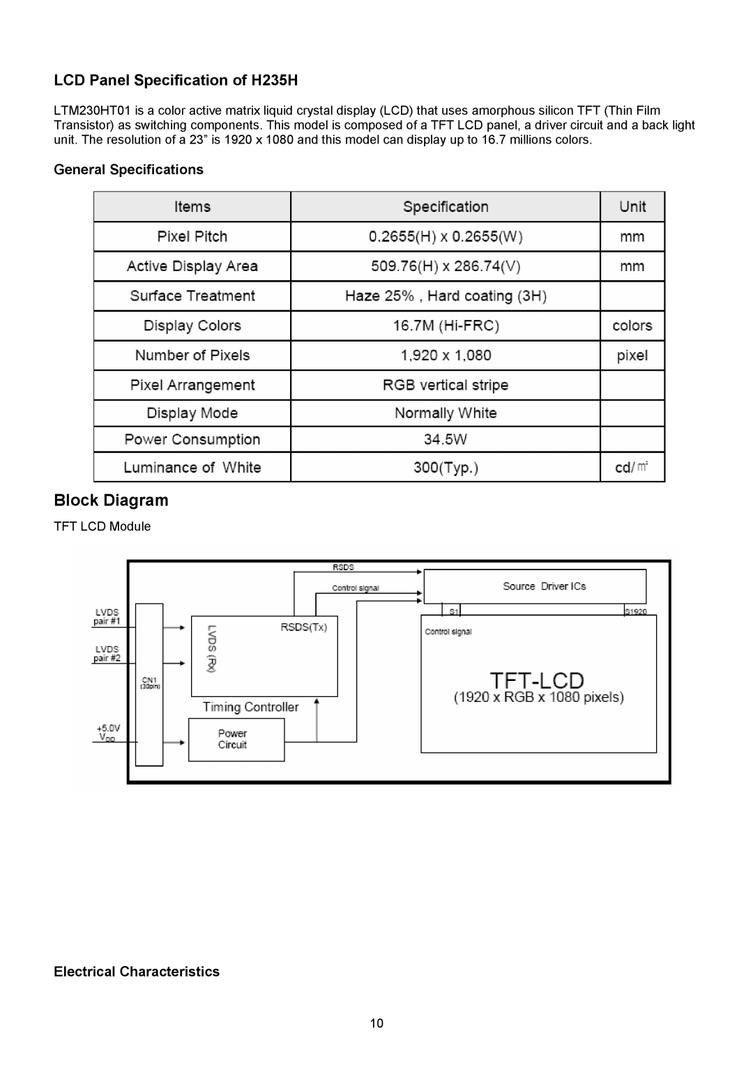 Acer manual LCD Panel Specification of H235H, General Specifications, Electrical Characteristics 