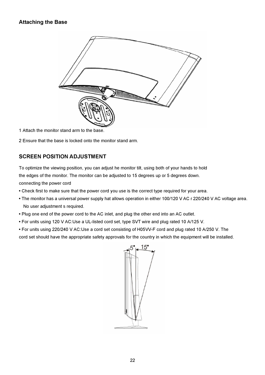 Acer H235H manual Attaching the Base, Screen Position Adjustment 