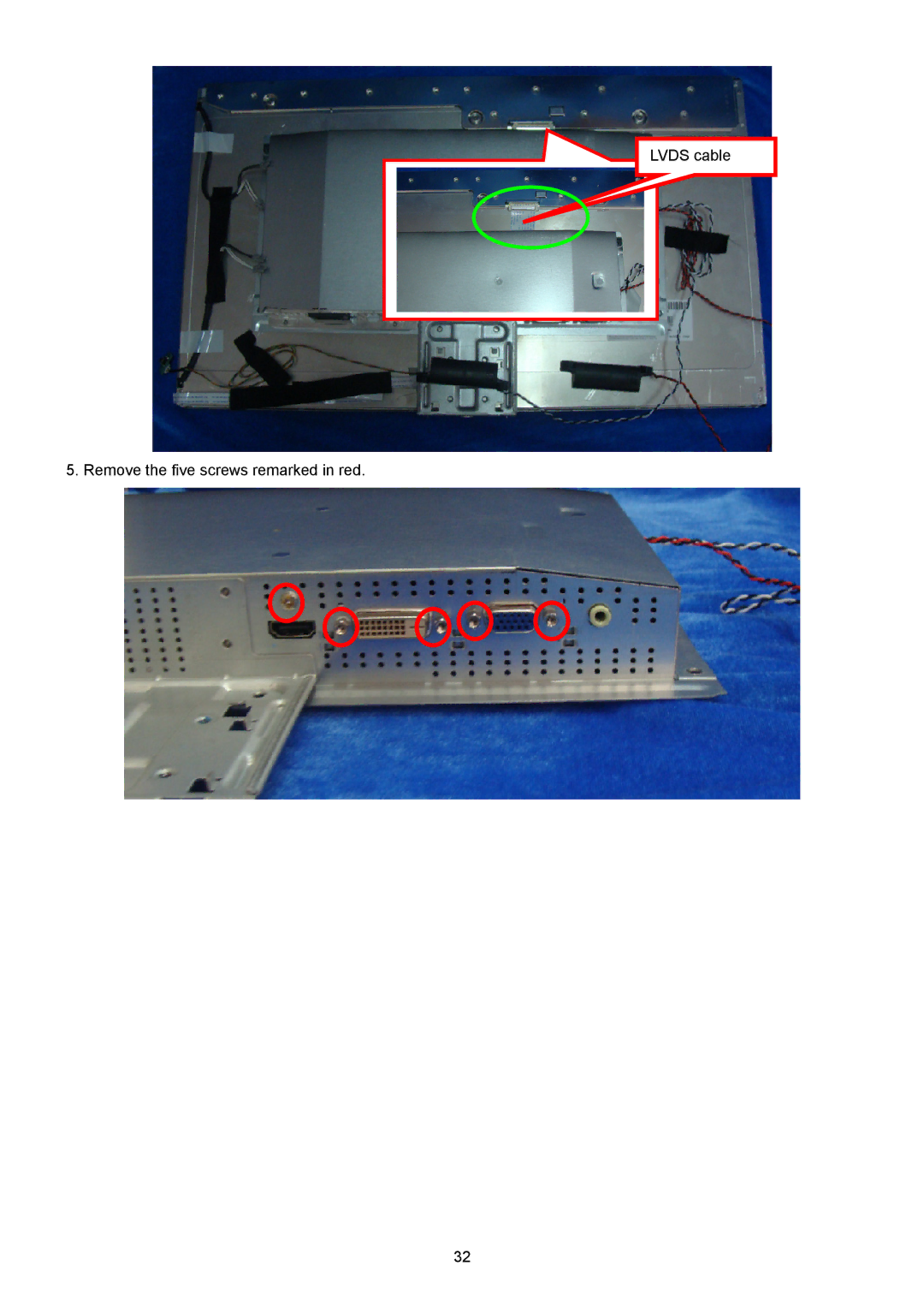 Acer H235H manual Lvds cable Remove the five screws remarked in red 