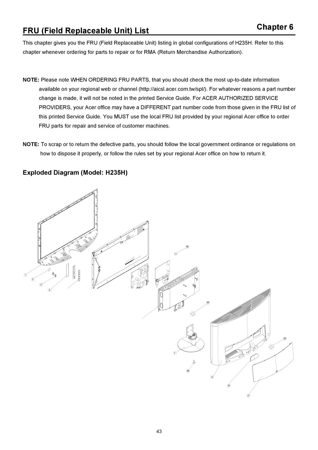 Acer manual FRU Field Replaceable Unit List Chapter, Exploded Diagram Model H235H 