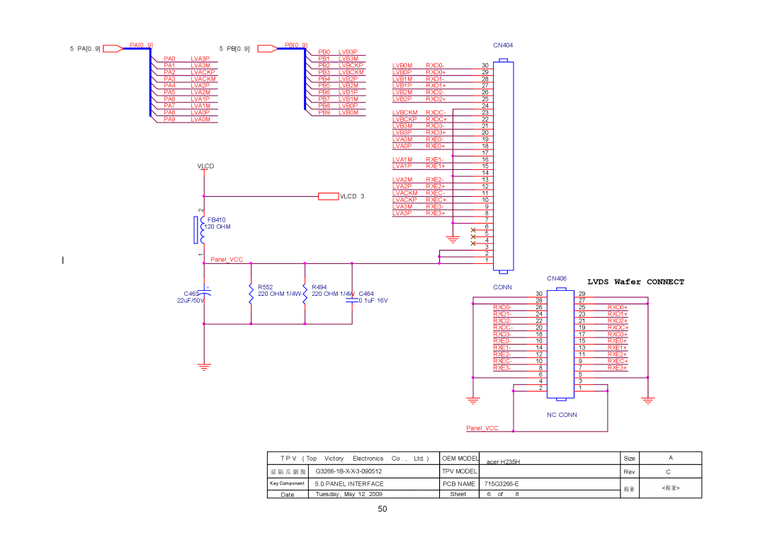 Acer H235H manual Lvds Wafer Connect 