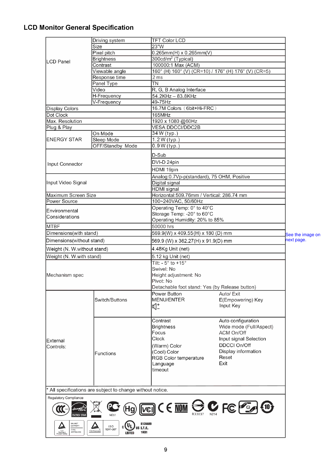 Acer H235H manual LCD Monitor General Specification 