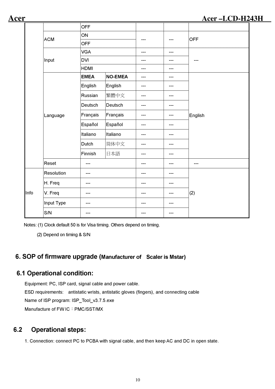 Acer H243H service manual Operational condition, Operational steps, SOP of firmware upgrade Manufacturer of Scaler is Mstar 