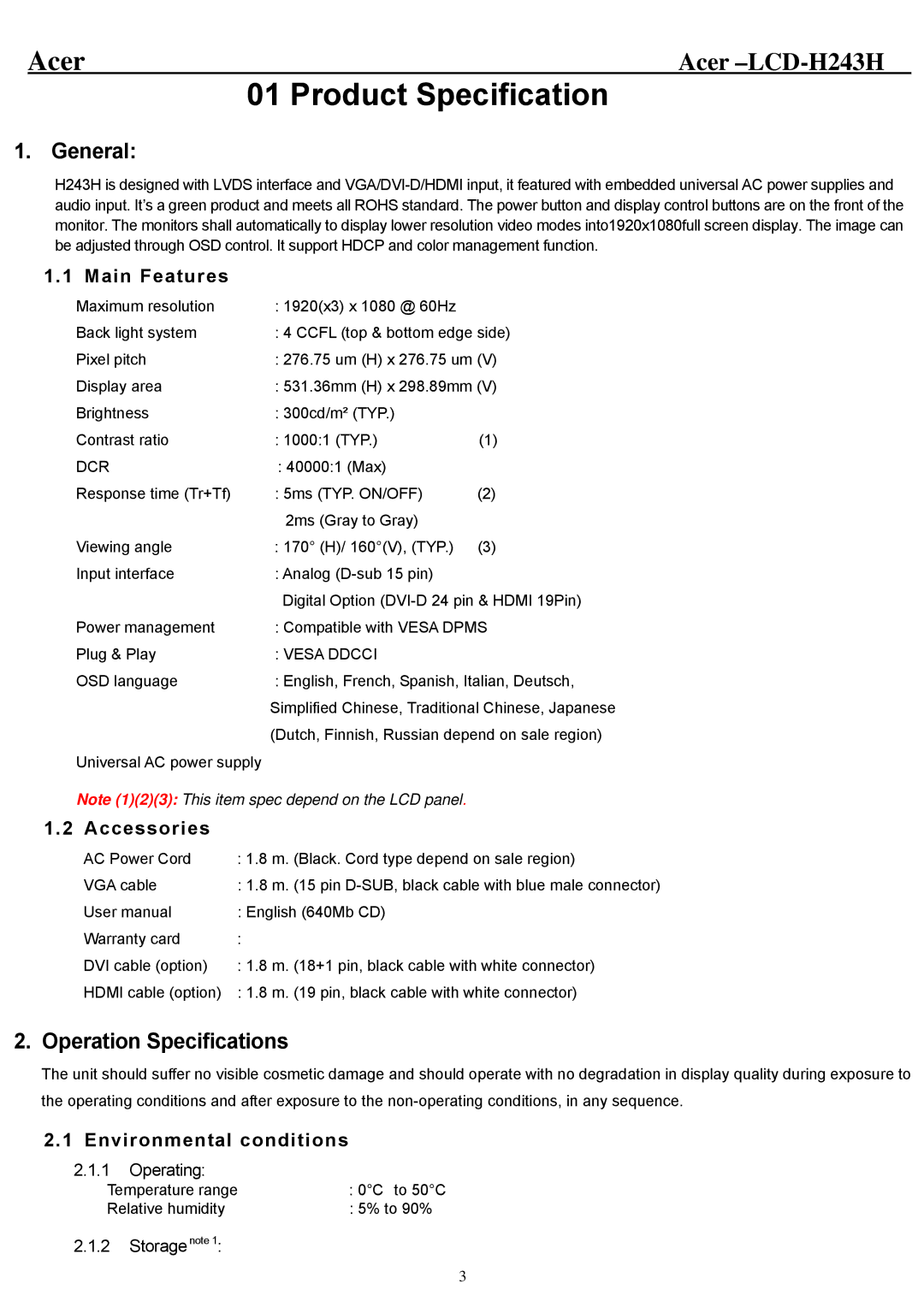 Acer H243H service manual General, Operation Specifications, Main Features, Accessories, Environmental conditions 