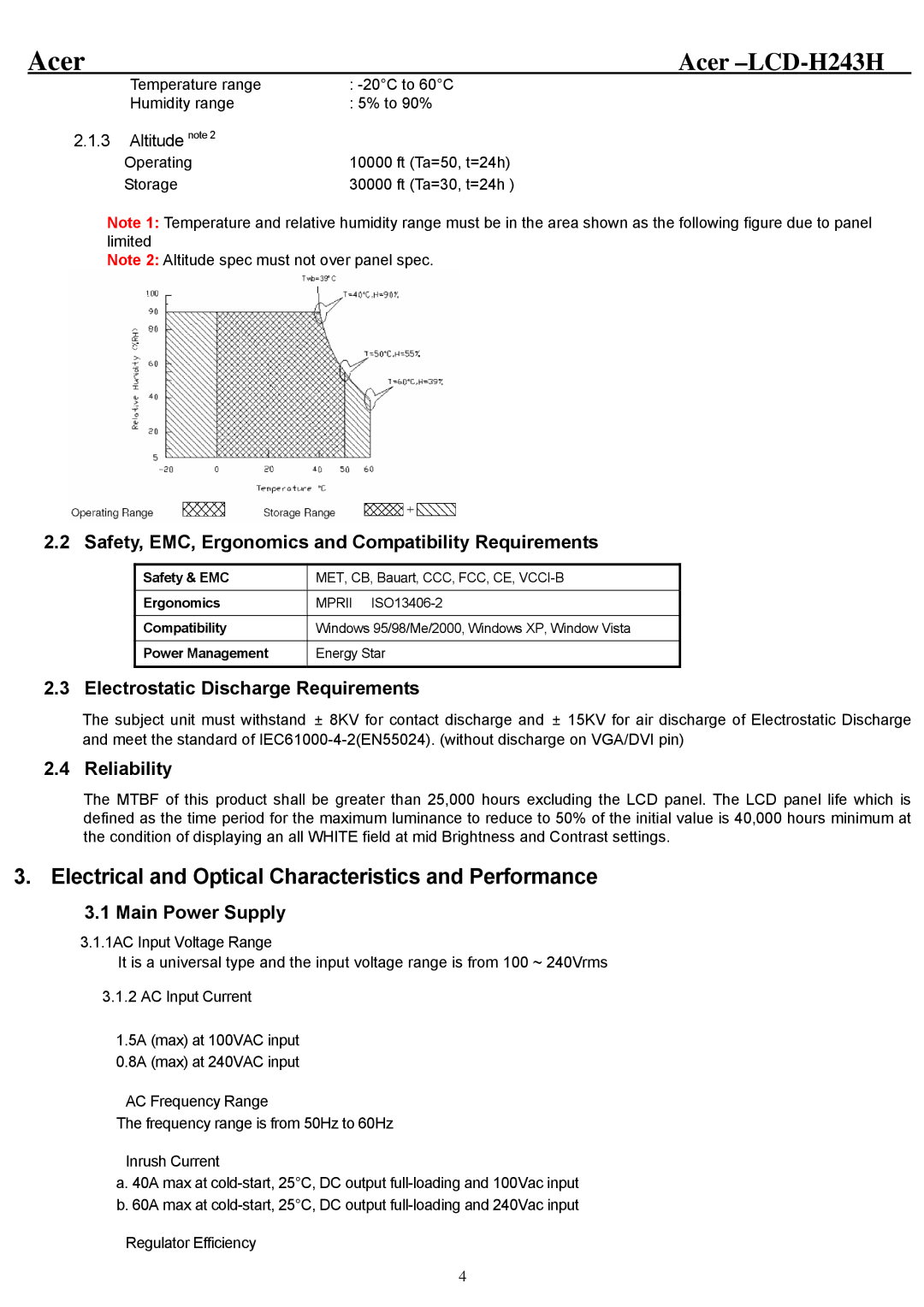 Acer H243H Electrical and Optical Characteristics and Performance, Safety, EMC, Ergonomics and Compatibility Requirements 