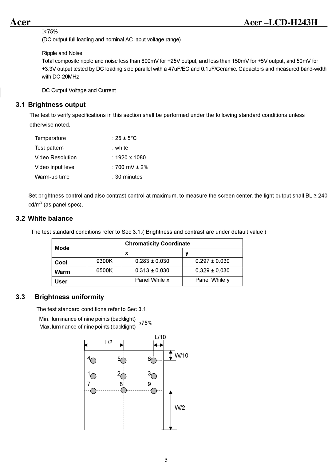 Acer H243H service manual Brightness output, White balance, Brightness uniformity 