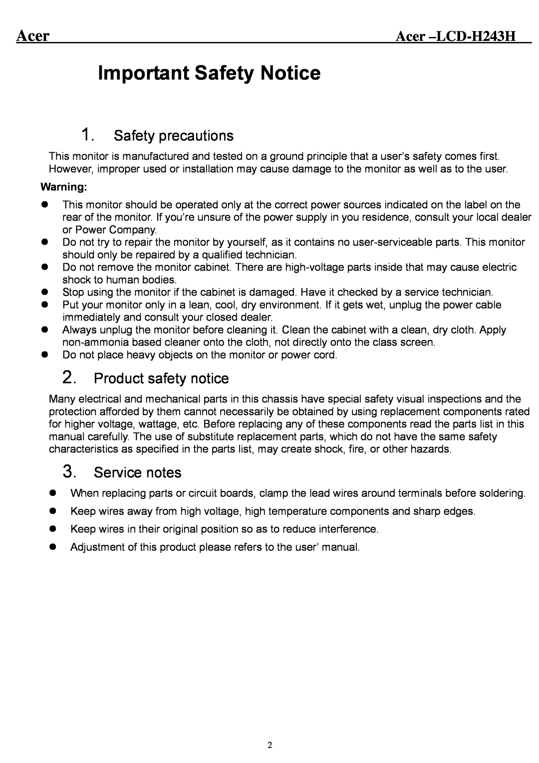Acer Important Safety Notice, Acer -LCD-H243H, Safety precautions, Product safety notice, Service notes 