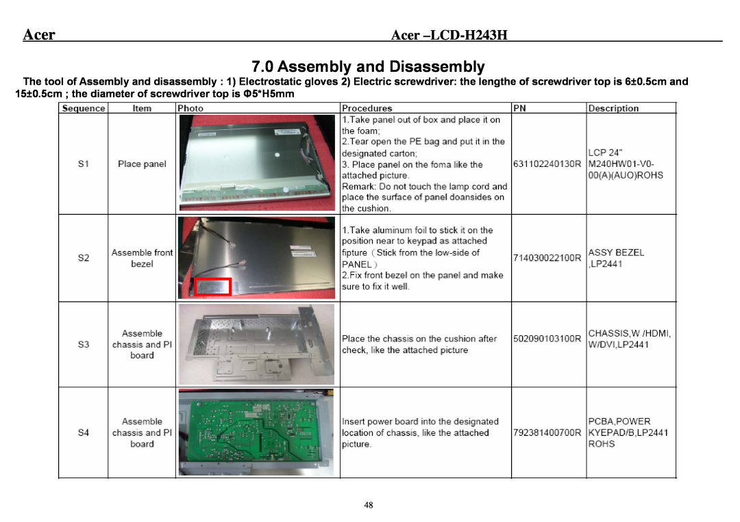 Acer service manual Assembly and Disassembly, Acer -LCD-H243H 