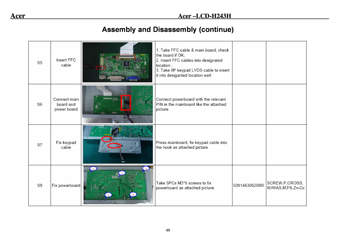 Acer service manual Assembly and Disassembly continue, Acer -LCD-H243H 