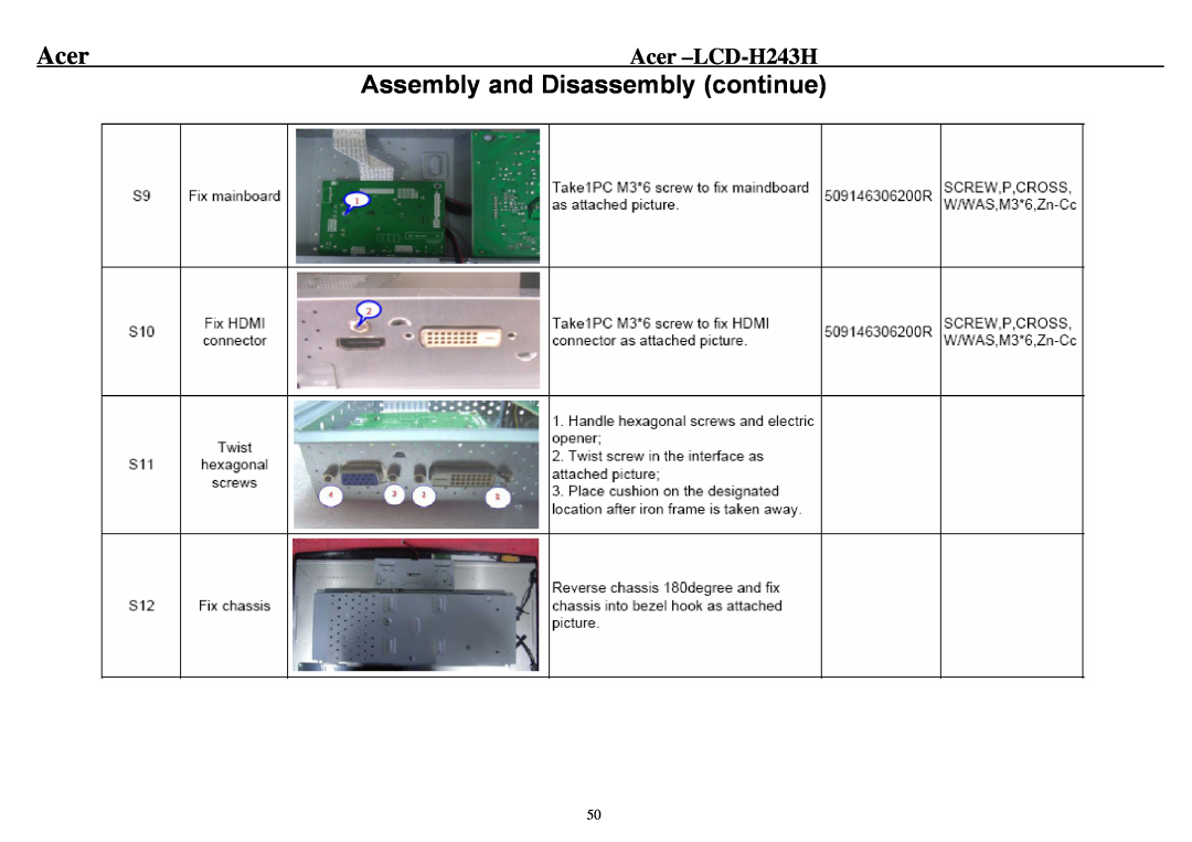 Acer service manual Assembly and Disassembly continue, Acer -LCD-H243H 