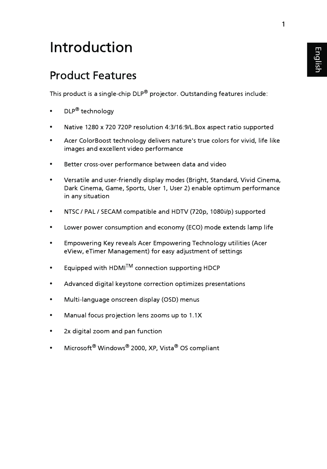 Acer H5350 manual Introduction, Product Features, English 