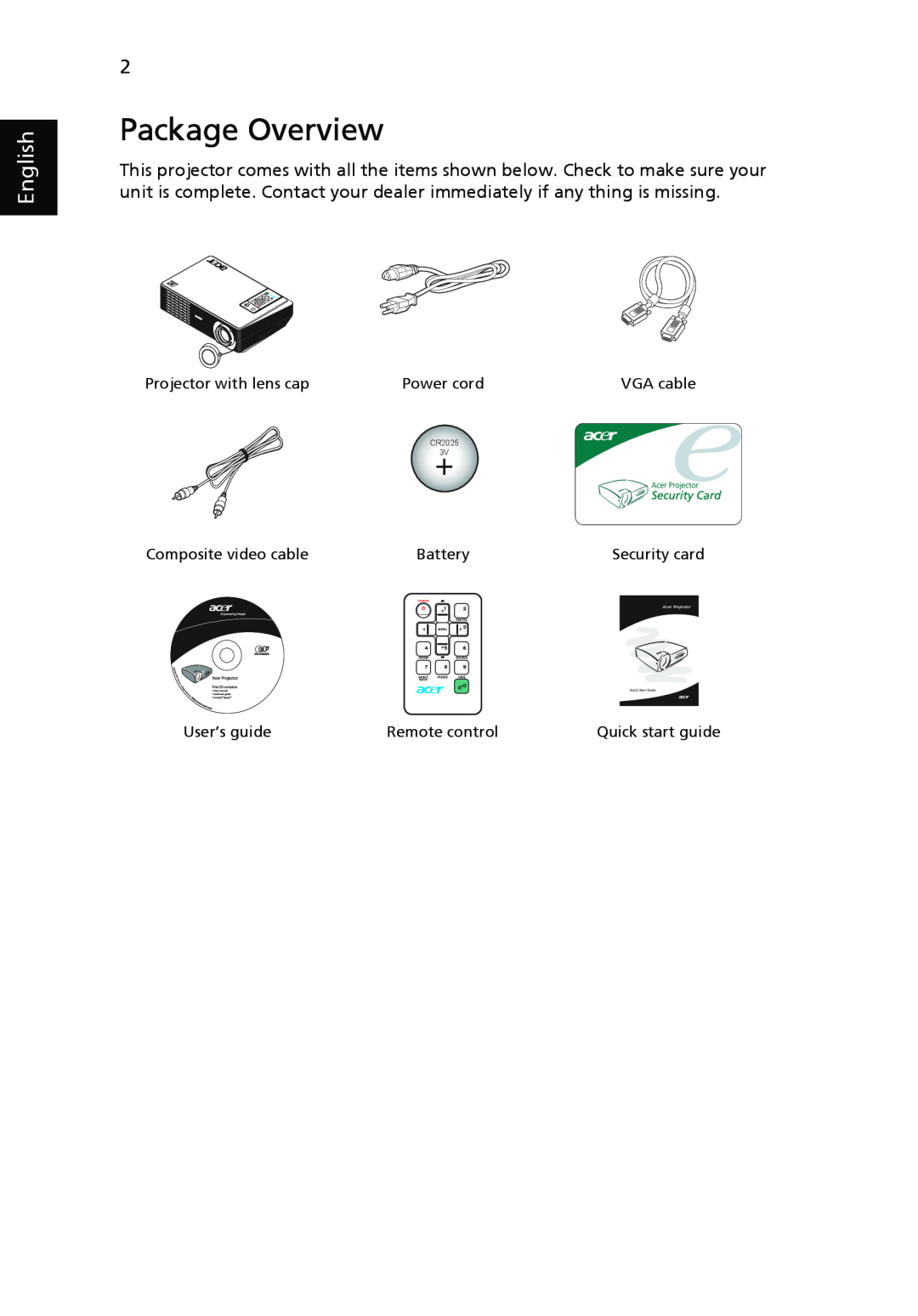 Acer H5350 manual Package Overview, English, CR2025 3V, Acer Projector, Quick Start Guide 