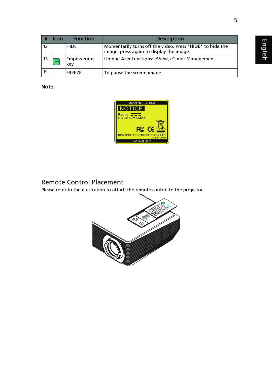Acer H5350 manual Remote Control Placement, English, Icon, Function, Description 