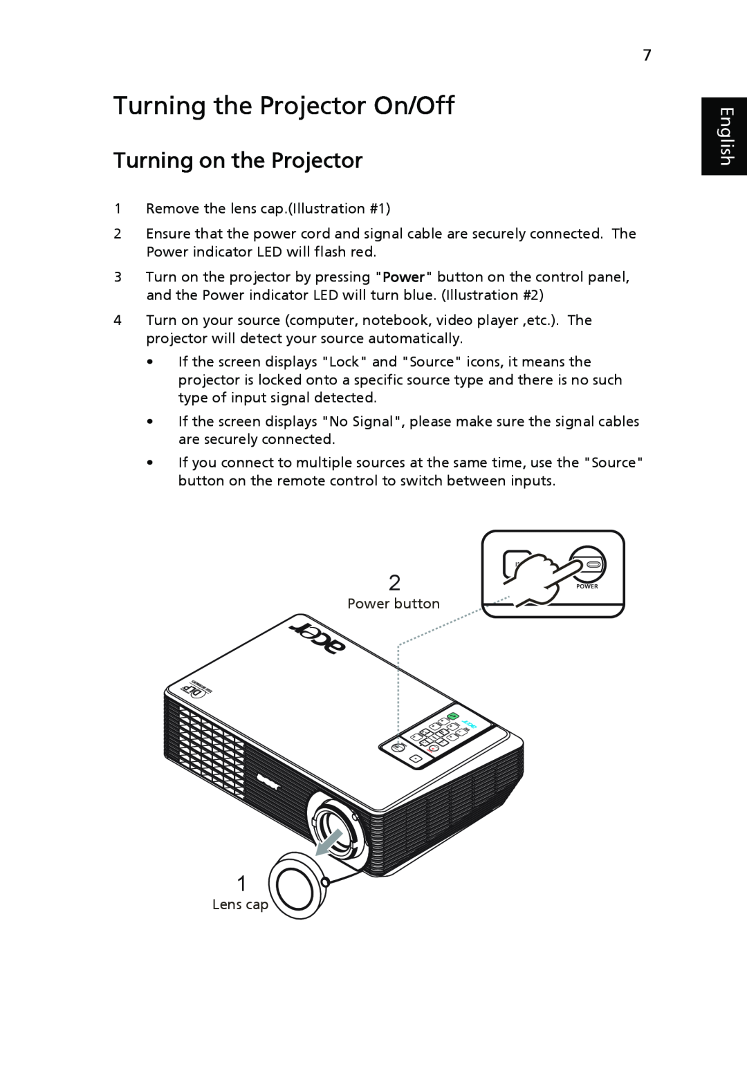 Acer H5350 manual Turning the Projector On/Off, Turning on the Projector, English 