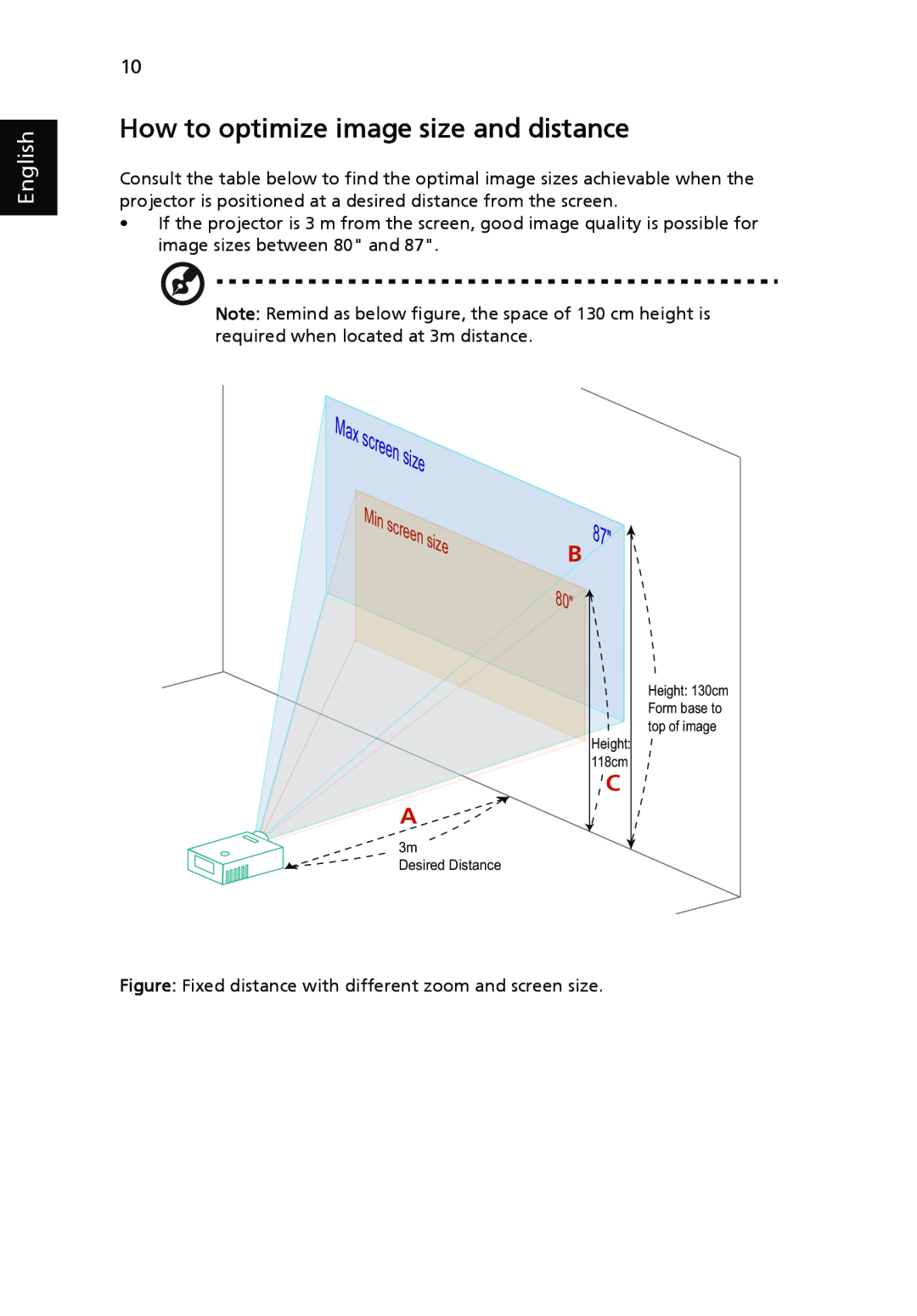 Acer H5350 manual How to optimize image size and distance, English, screen 