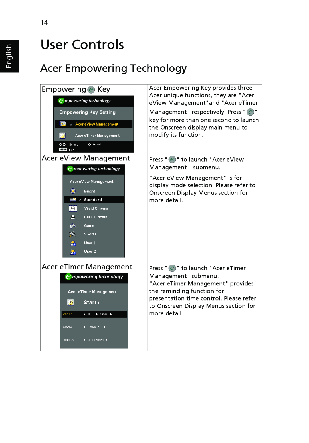 Acer H5350 manual User Controls, Acer Empowering Technology, Empowering Key, Acer eView Management, Acer eTimer Management 