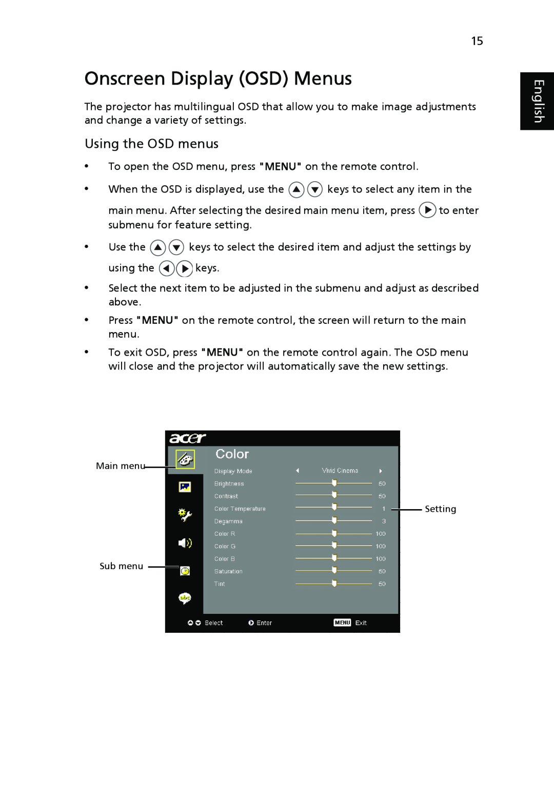 Acer H5350 manual Onscreen Display OSD Menus, Using the OSD menus, English 