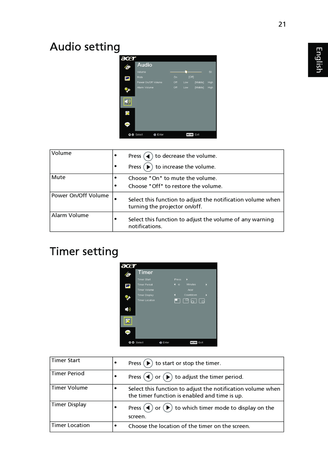 Acer H5350 manual Audio setting, Timer setting, English 