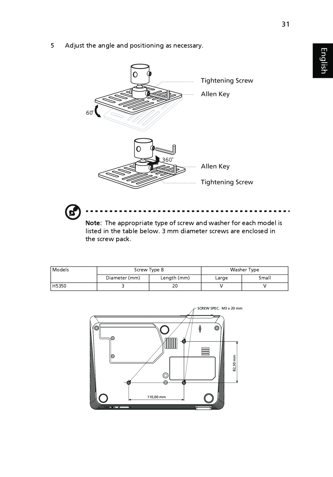 Acer H5350 English, Adjust the angle and positioning as necessary Tightening Screw, Allen Key Allen Key Tightening Screw 