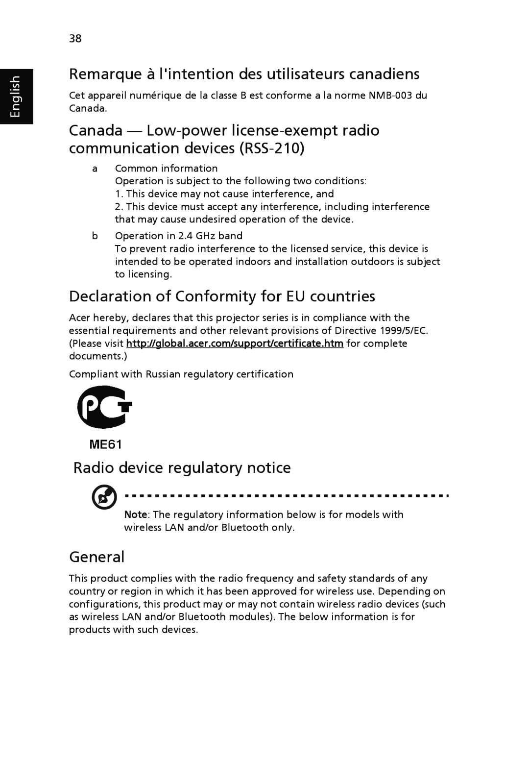 Acer H5350 Remarque à lintention des utilisateurs canadiens, Declaration of Conformity for EU countries, General, English 