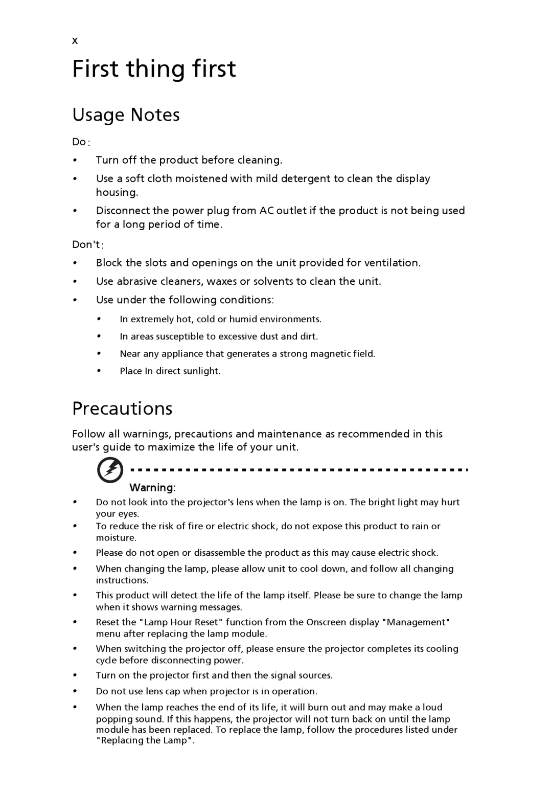 Acer H5360 manual Usage Notes, Precautions 