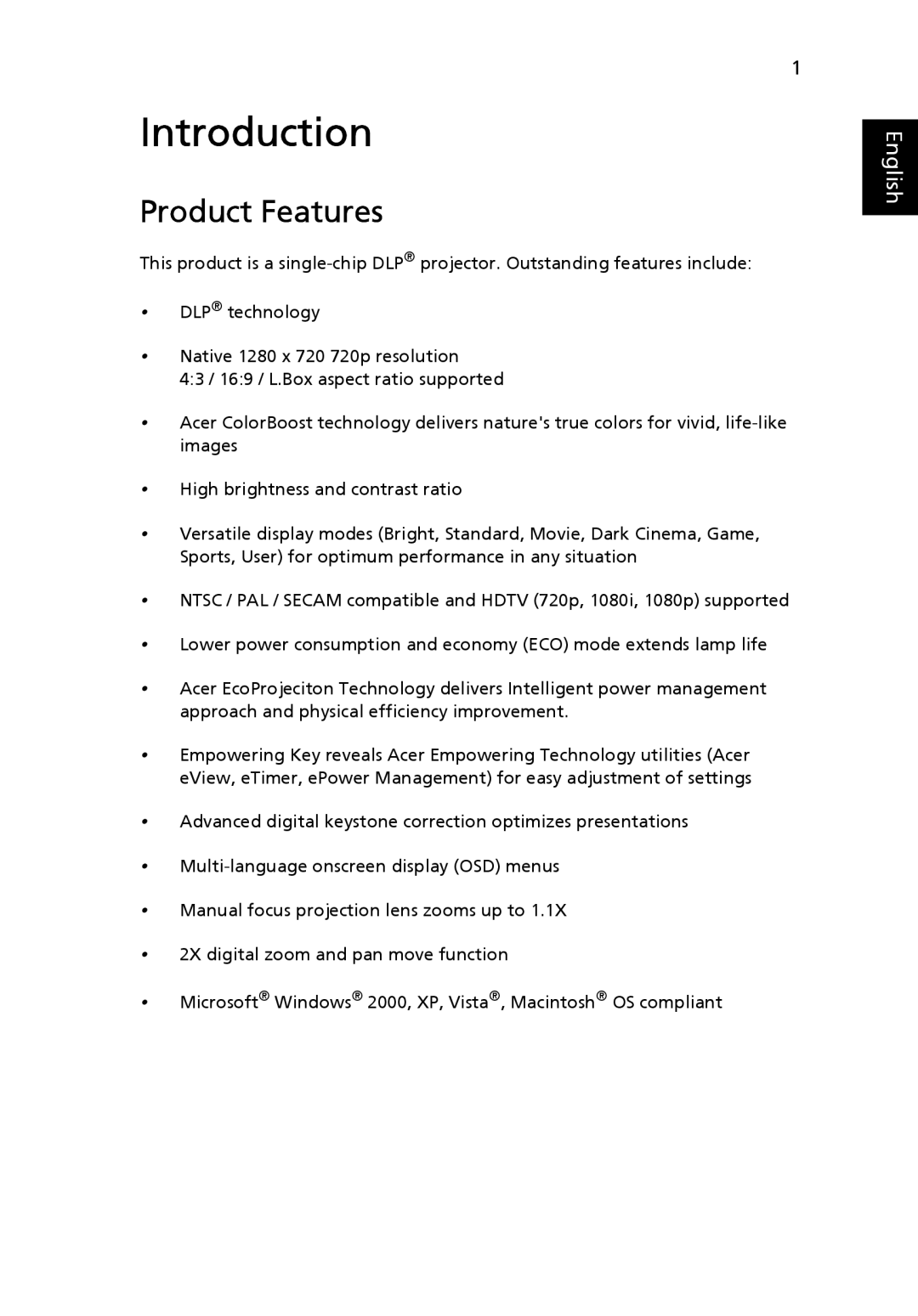 Acer H5360 manual Introduction, Product Features 