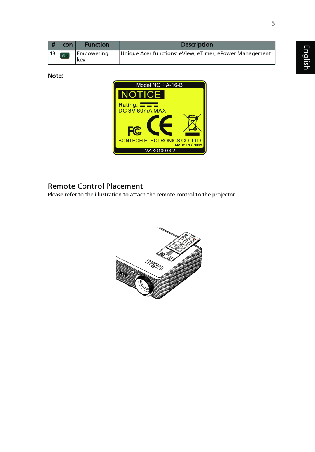 Acer H5360 manual Remote Control Placement 