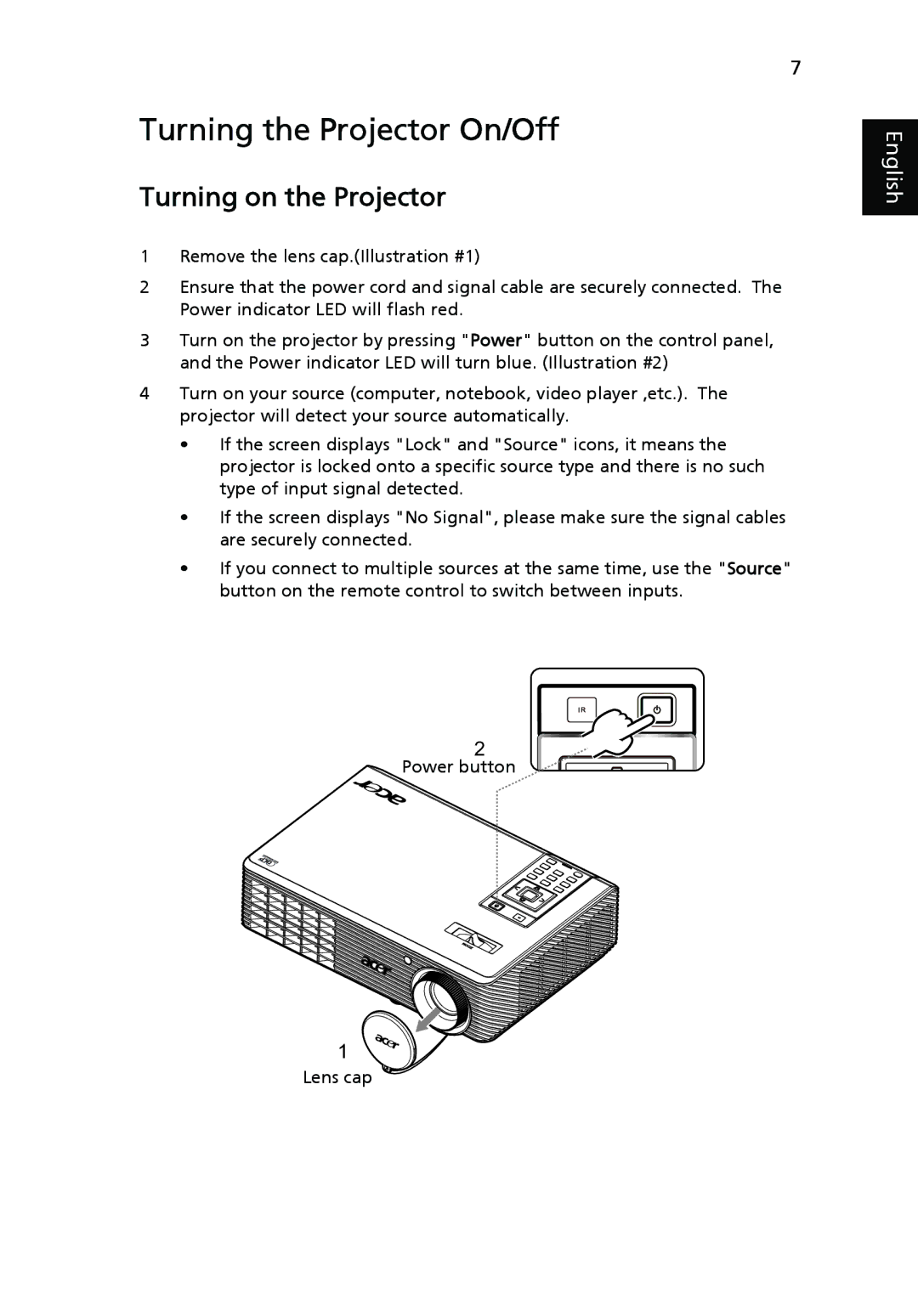 Acer H5360 manual Turning the Projector On/Off, Lens cap 