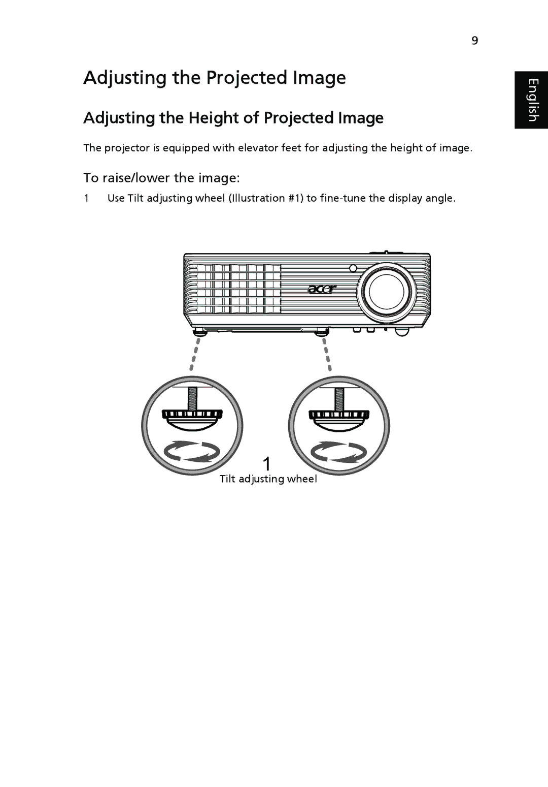 Acer H5360 manual Adjusting the Projected Image, To raise/lower the image, Tilt adjusting wheel 