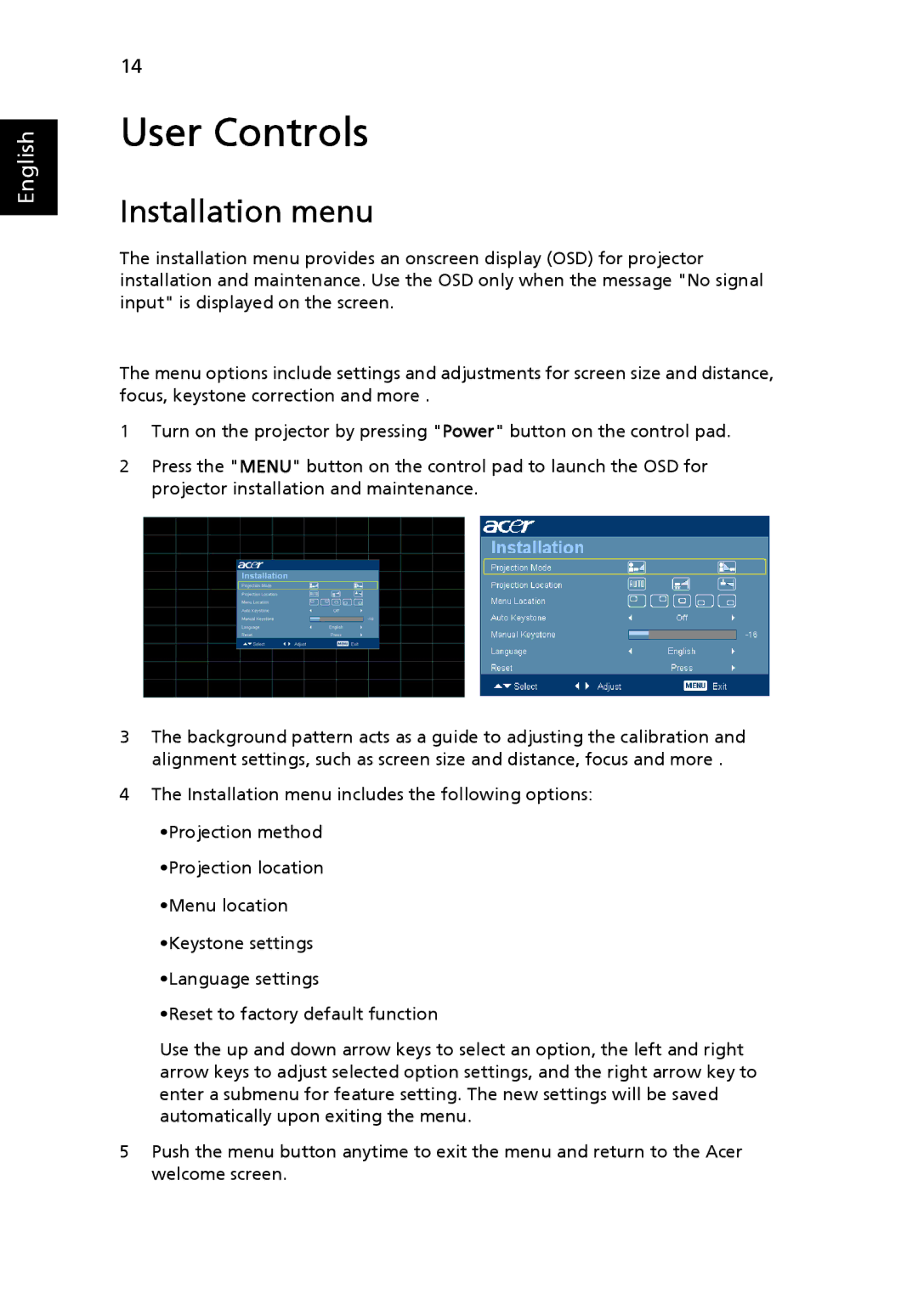 Acer H5360 manual User Controls, Installation menu 