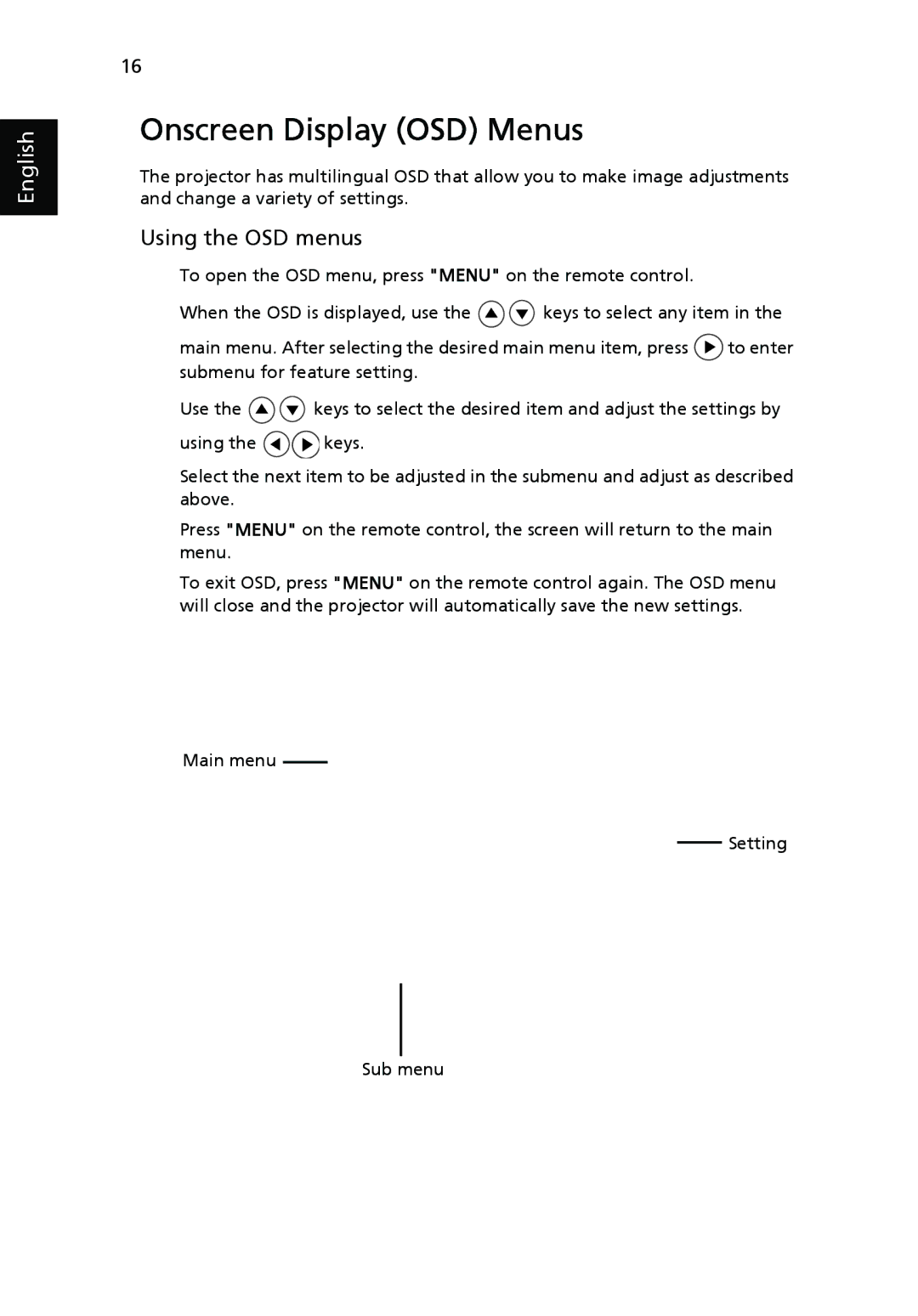 Acer H5360 manual Onscreen Display OSD Menus, Using the OSD menus 