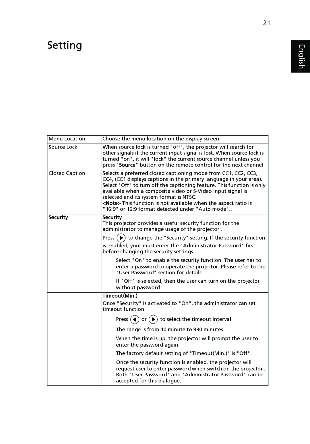 Acer H5360 manual Setting, Security 