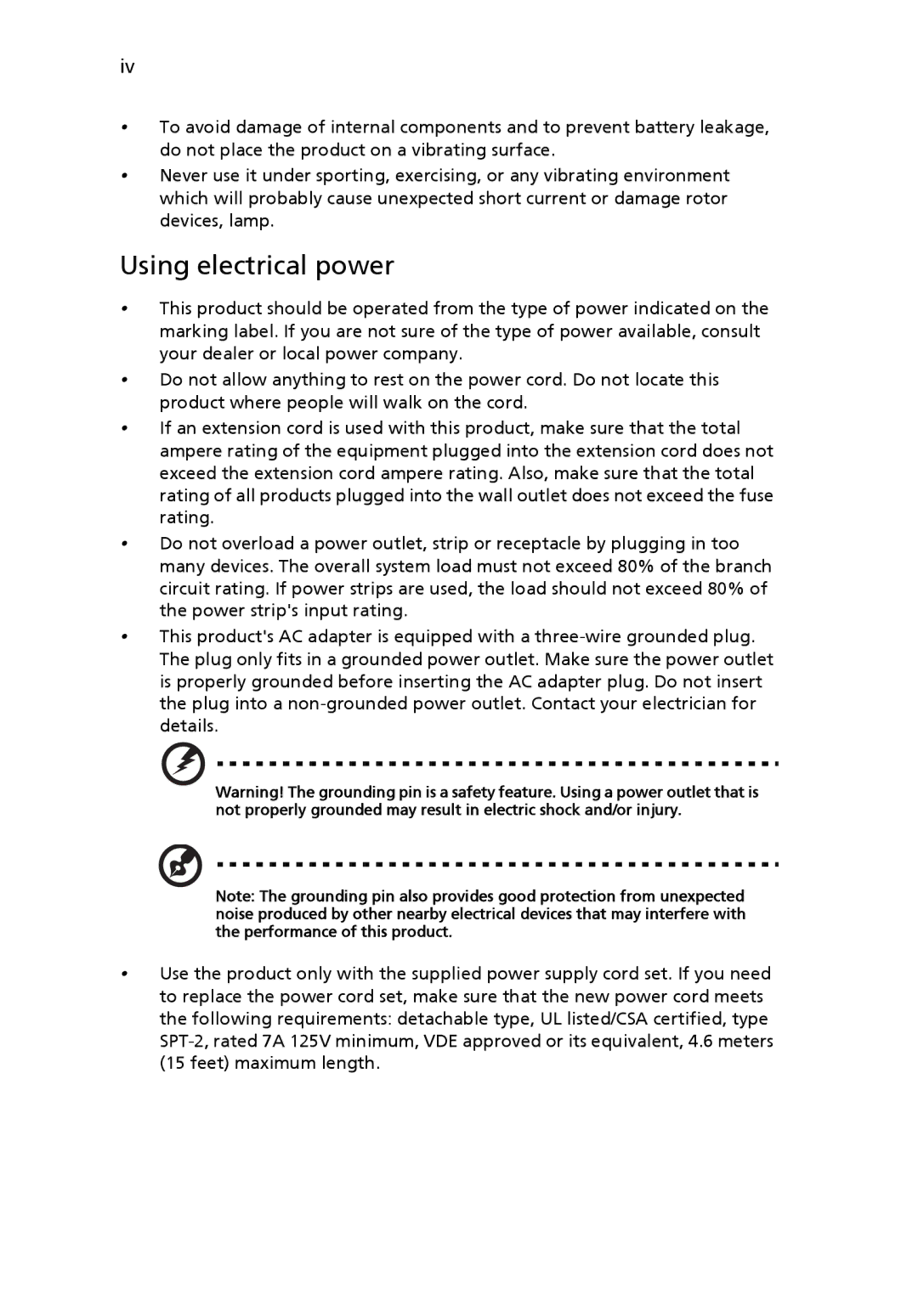 Acer H5360 manual Using electrical power 