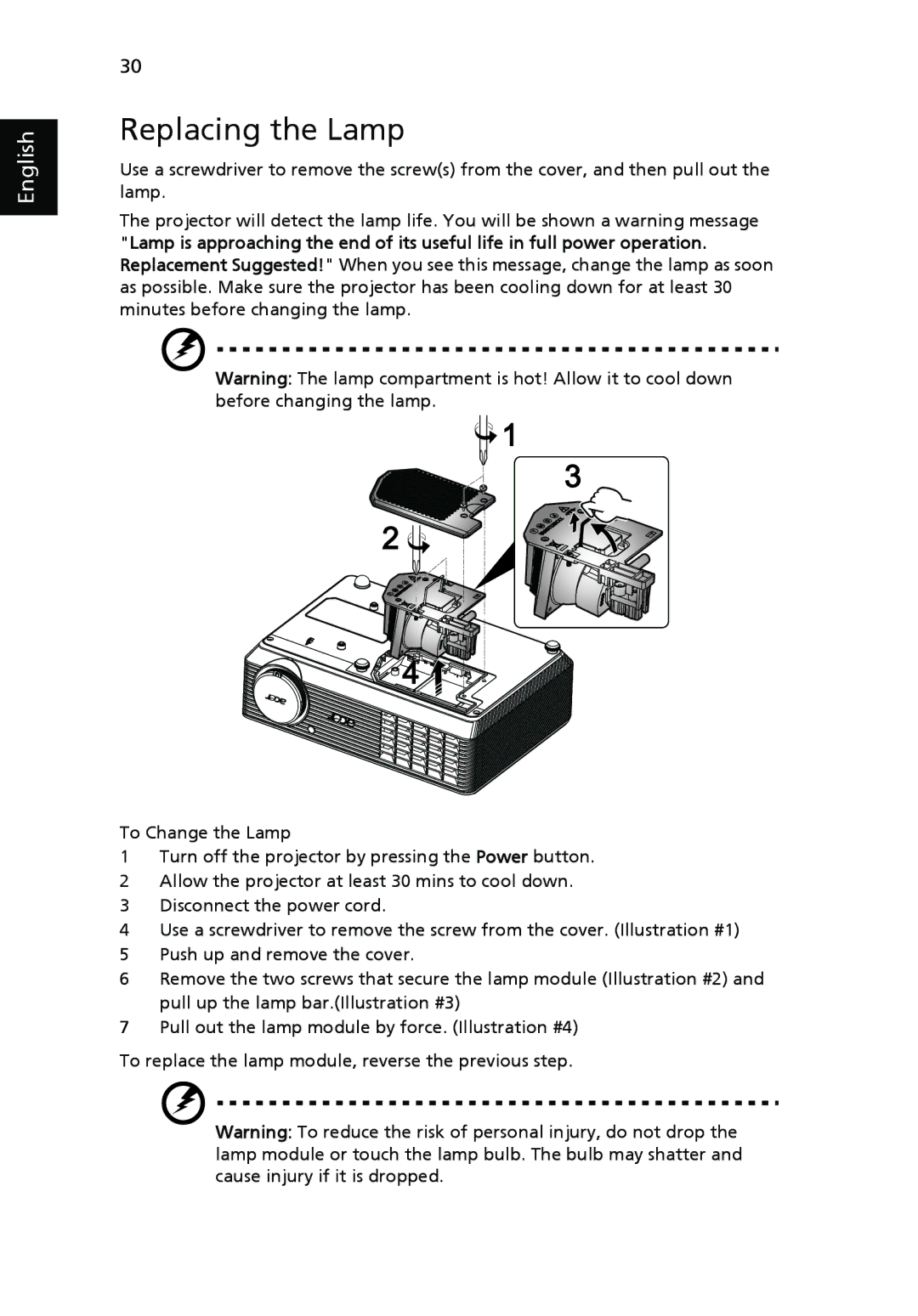 Acer H5360 manual Replacing the Lamp 