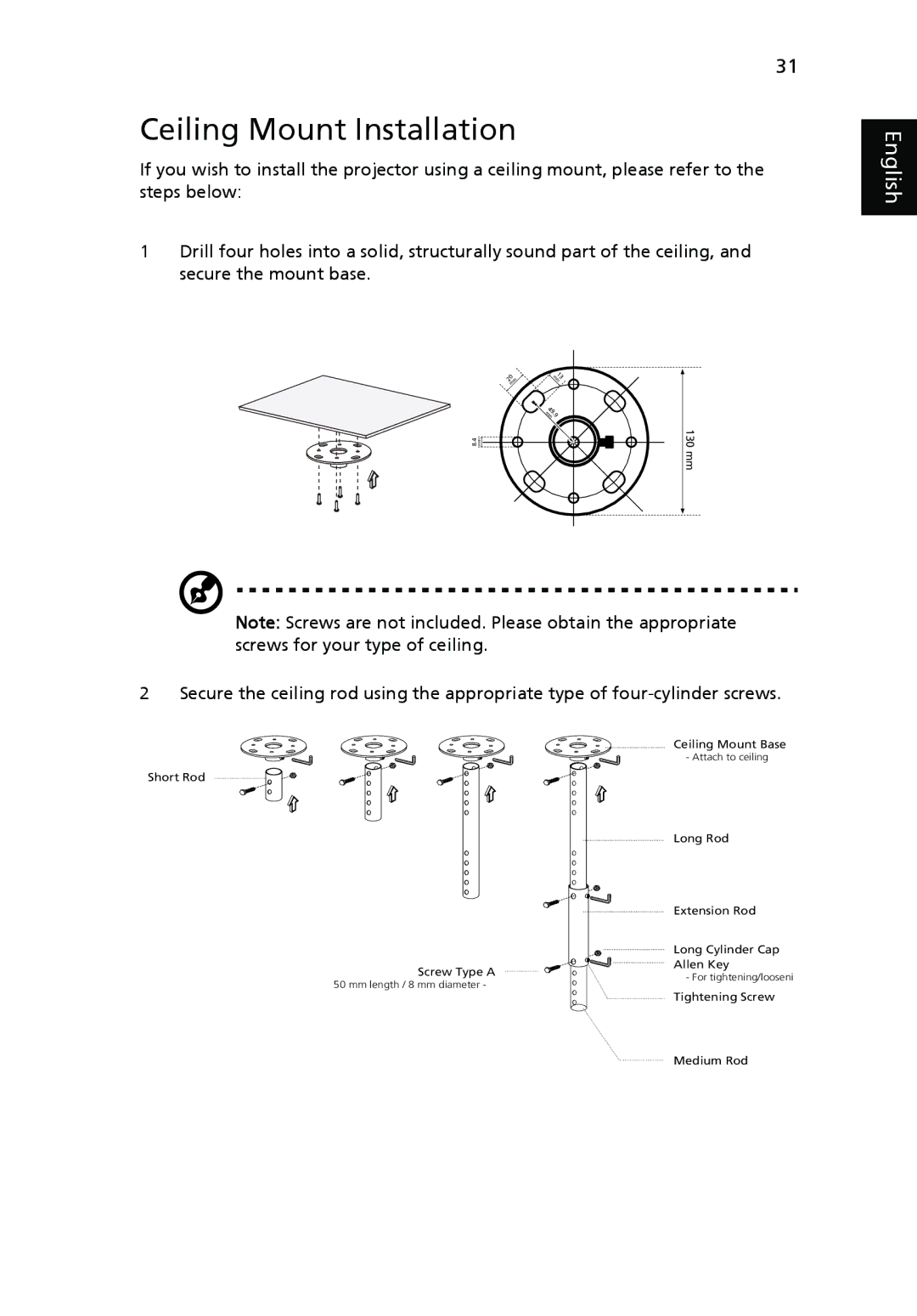 Acer H5360 manual Ceiling Mount Installation 