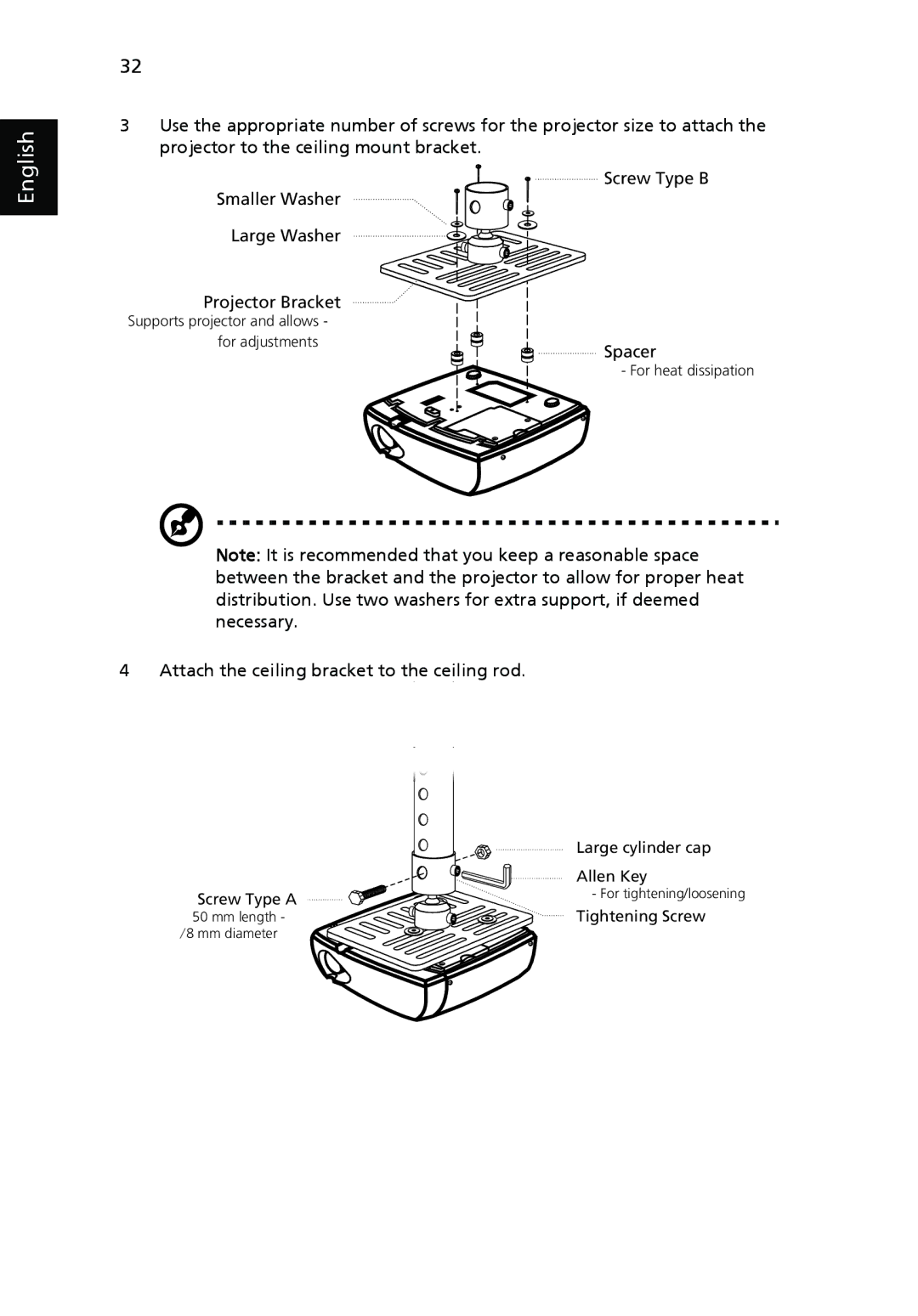 Acer H5360 manual Attach the ceiling bracket to the ceiling rod 