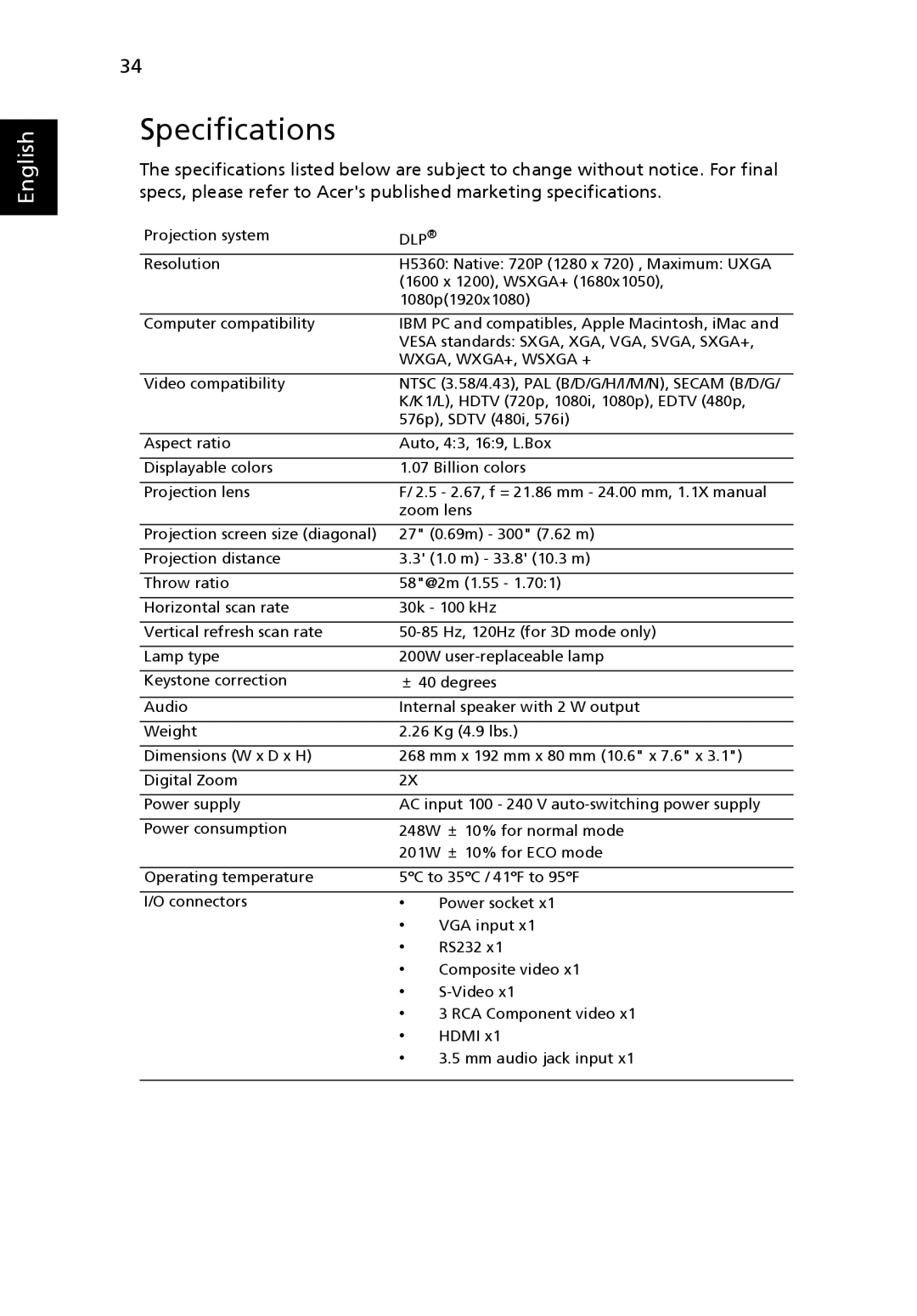 Acer H5360 manual Specifications, Dlp 